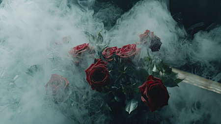 This captivating image features a striking arrangement of red roses surrounded by ethereal smoke, creating a mystical and enchanting atmosphere perfect for artistic expressions.の素材