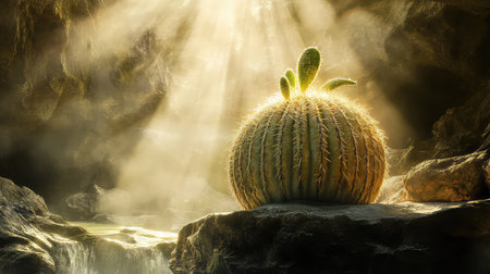 A serene and mesmerizing scene featuring a round cactus bathed in gentle sunlight within a mystical cave. The natural textures and the interplay of light create a captivating atmosphere.の素材