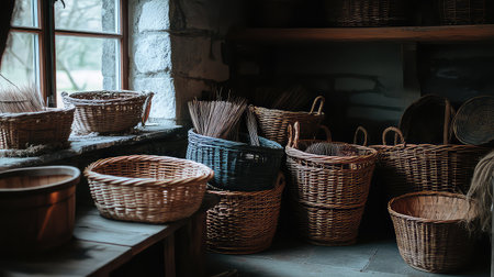 A cozy interior of a rustic workshop showcases an assortment of handcrafted baskets and natural materials. The warm textures create a charming and inviting atmosphere.の素材