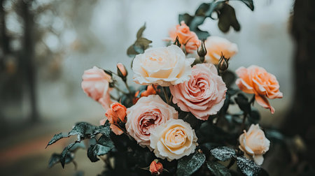 A stunning closeup of pastel roses in a tranquil garden setting, enveloped in a soft mist, creating a serene and beautiful atmosphere. Perfect for nature lovers.の素材