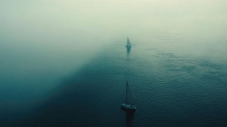 This captivating image captures two sailboats navigating through a shimmering mist on tranquil waters, evoking a sense of calm and adventure.の素材
