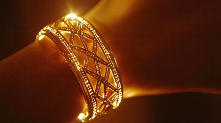 This exquisite gold bracelet features an intricate design illuminated by a warm glow. Perfect for showcasing elegance and luxury in any fashion setting.の素材