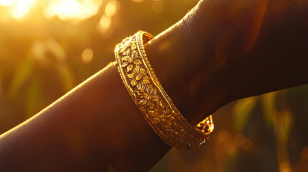 A stunning close-up of a golden bangle with exquisite floral designs, beautifully illuminated by warm sunlight, capturing elegance and style.の素材