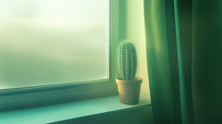 A charming cactus sits proudly in a pot on a windowsill, bathed in soft natural light filtering through green curtains, creating a tranquil atmosphere.の素材