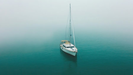 A serene image of a sailboat gently anchored in still waters, enveloped by a thick mist, creating a captivating and tranquil scene perfect for relaxation.の素材