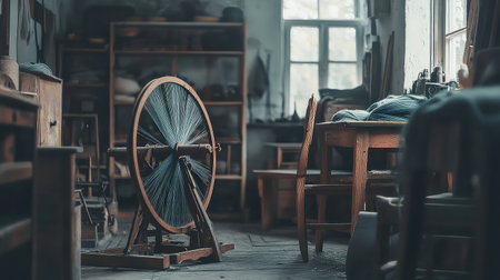 A vintage spinning wheel occupies the center of a rustic craft workshop, surrounded by wooden furniture and various textile-making tools. The serene atmosphere highlights the artistry of traditional craftsmanship.の素材