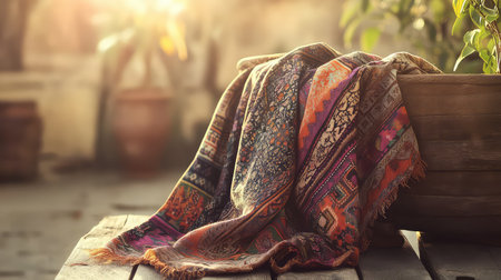 A beautifully patterned textile is draped over a rustic wooden surface, surrounded by greenery, capturing a serene moment illuminated by soft sunlight.の素材