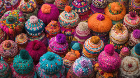This image showcases an array of colorful handcrafted wool hats, each displaying unique designs and vibrant colors. Perfect for fashion accessories!の素材