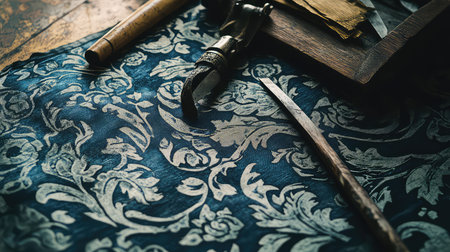Discover the beauty of an elegant vintage textile featuring an intricate floral pattern alongside artisan tools, capturing a moment of craftsmanship.の素材