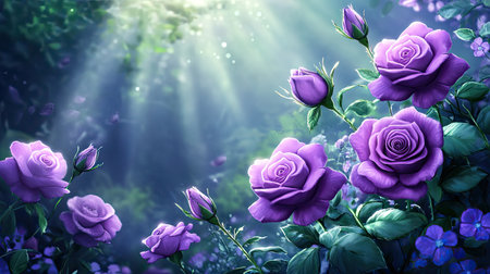 A captivating scene featuring vibrant purple roses in a serene garden illuminated by soft sunlight. The lush greenery and delicate flowers create a peaceful atmosphere.の素材