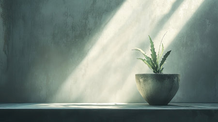 A peaceful scene featuring a single potted plant basking in soft sunlight, creating an atmosphere of tranquility and simplicity in a textured environment.の素材