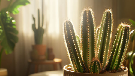 A fresh arrangement of cacti glowing under soft sunlight creates a peaceful and inviting atmosphere in a modern indoor setting. Perfect for plant lovers.の素材