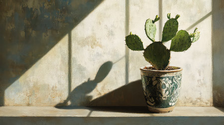 This beautiful image features a prickly pear cactus in a decorative pot, casting intricate shadows on a warm, sunlit wall. The serene indoor setting enhances the natural beauty of the plant, making it perfect for home decor inspiration.の素材
