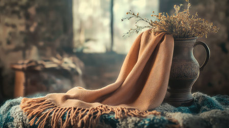 A serene still life composition featuring a soft shawl draped elegantly over a table, a vintage jug filled with dried flowers, and a soothing warm ambiance.の素材