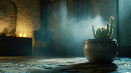 A serene indoor scene featuring a lone cactus in a decorative pot, illuminated by soft lighting and enveloped in gentle fog, creating a calming atmosphere.の素材