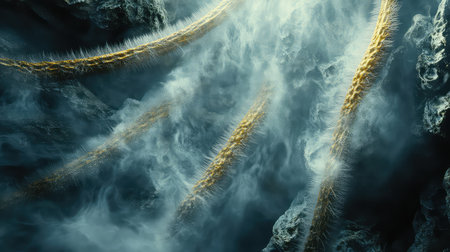 An abstract composition showcasing organic shapes with golden textures and ethereal smoke, set against a dark rocky backdrop. Perfect for imaginative projects.の素材