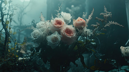 A beautiful arrangement of soft pink and white roses surrounded by green foliage and mist creates a serene, ethereal atmosphere perfect for various creative projects.の素材