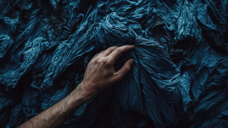 A close-up image showcasing a hand gently touching a textured blue fabric, highlighting the rich details and contrasts in lighting and texture.の素材
