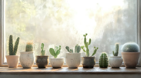 A charming collection of assorted cacti and succulents displayed in earthen pots along a sunny windowsill, creating a serene and inviting atmosphere.の素材