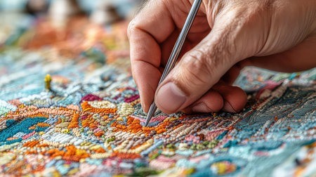 This image showcases a skilled artisan's hand meticulously creating detailed embroidery on a vibrant textile, illustrating the beauty of craft and creativity.の素材