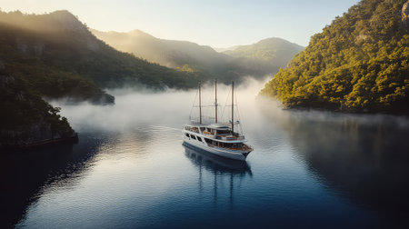 A picturesque scene captures a graceful sailboat gliding through a misty bay at dawn, surrounded by lush green mountains. The tranquil waters reflect the soft morning light, creating a serene atmosphere perfect for relaxation and exploration.の素材