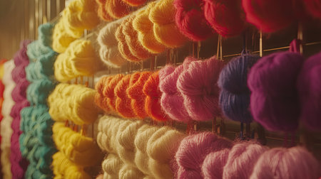 A stunning display of colorful yarn in various shades, perfect for knitting and crafting projects. Ideal for artists, hobbyists, and crafters seeking inspiration.の素材