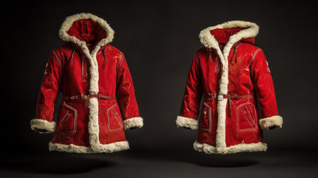 This striking red winter coat features a plush furry lining and timeless design, perfect for capturing the essence of cold weather fashion and style.の素材