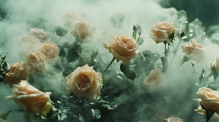 A stunning composition of pink roses enveloped in gentle fog, evoking a romantic and dreamy atmosphere. This image captures the beauty and elegance of nature.の素材