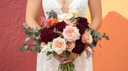A stunning bridal bouquet featuring a mix of roses, dahlias, and lush greenery, beautifully arranged against a vivid background for a romantic touch.の素材