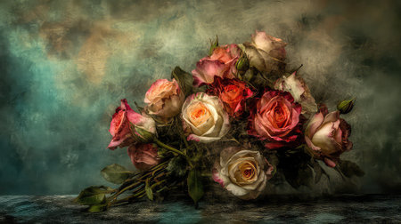 This stunning image showcases a delicate bouquet of pink and cream roses, artfully arranged against a vintage-inspired background, evoking a sense of elegance and romance.の素材