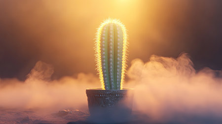This captivating image features a solitary green cactus backlit by a warm orange sunset, surrounded by a gentle mist, creating a serene and artistic atmosphere.の素材