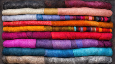 This image showcases a vibrant array of rolled textiles, expertly stacked to create a stunning display of colors. Perfect for designing art projects, sewing inspiration, and fabric-based crafts.の素材