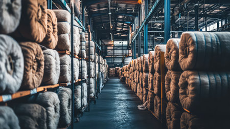 Explore the interior of a textile warehouse showcasing neatly organized bales of materials, highlighting the efficient use of space in industrial settings.の素材