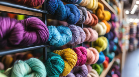 A vibrant collection of yarn spools displayed in a craft store, offering a wide range of colors and textures perfect for various creative projects.の素材