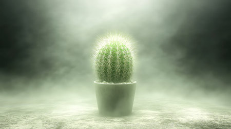 A captivating image of a bright green cactus in a pot, surrounded by soft light and mist, creating a serene and tranquil ambiance for home decor.の素材