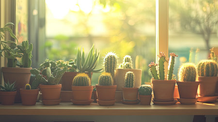 A serene indoor scene featuring various cacti and succulents arranged in terracotta pots on a sunlit window sill, creating a warm and inviting atmosphere.の素材