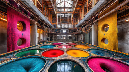 An immersive view of a dyeing workshop showcasing colorful dye basins surrounded by vibrant hanging fabrics, creating a lively atmosphere.の素材