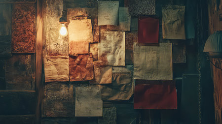 This artistic image captures a vintage wall adorned with various papers and textures, illuminated by a warm light bulb, creating a cozy and inviting atmosphere perfect for interior design projects.の素材