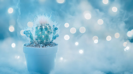 A charming cactus sits in a white pot against a soothing blue background, surrounded by soft lights and a misty ambiance, perfect for home decor.の素材