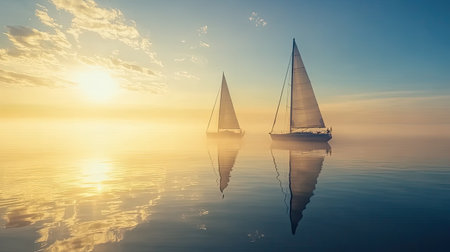 Two elegant sailboats drift peacefully on calm waters during a mesmerizing sunrise, casting beautiful reflections under a misty sky, inspiring serenity and adventure.の素材