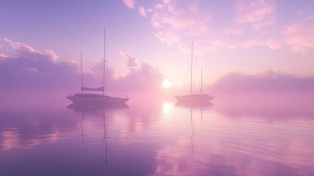 This stunning image captures a serene sunrise over still waters, featuring sailing yachts enveloped in mist and soft pastel colors, creating a tranquil atmosphere.の素材