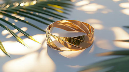 A stunning gold bracelet elegantly placed on a light surface, surrounded by lush palm leaves and soft shadows, perfect for fashion enthusiasts.の素材