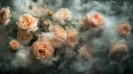 A stunning arrangement of delicate peach roses emerges from soft white smoke, creating a dreamy and ethereal atmosphere perfect for art or decor.の素材