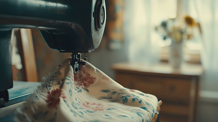 A charming vintage sewing machine rests on a wooden table with floral fabric in a cozy, sunlit room. This image embodies the joy of crafting and artistry.の素材