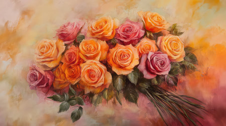 This stunning arrangement features a vibrant bouquet of roses in various shades of orange and pink, complemented by lush green leaves against a soft, warm background.の素材