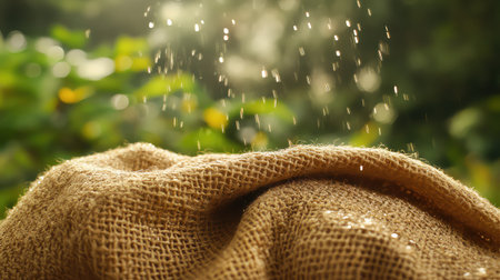 This image captures the exquisite detail of a natural fiber fabric adorned with sparkling water droplets, creating a serene and vibrant atmosphere.の素材