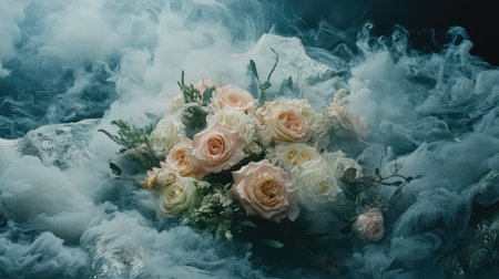 A stunning floral arrangement featuring soft pink and white roses, surrounded by ethereal fog and delicate greenery, evoking a serene and romantic atmosphere.の素材