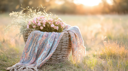 A beautifully arranged woven basket featuring soft, colorful blanket and delicate pink flowers, basking in warm sunlight in a tranquil meadow setting.の素材