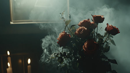 A captivating arrangement of red roses enveloped in swirling smoke and illuminated by flickering candlelight, creating a mysterious and romantic atmosphere.の素材