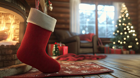 A warm and inviting Christmas setting featuring a red stocking hanging by a crackling fireplace, surrounded by a beautifully decorated tree and rustic decor.の素材